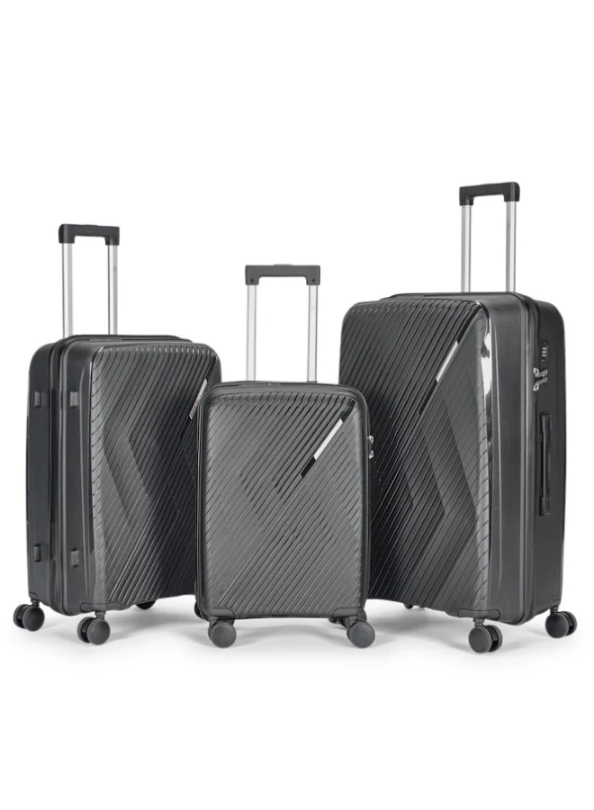 ليمرا طقم شنط سفر مكون من 3 حقائب أمتعة بعجلات و بتصميم صلب وقوي مصنوع  من مادة البولي بوربلين لون رمادي غامق